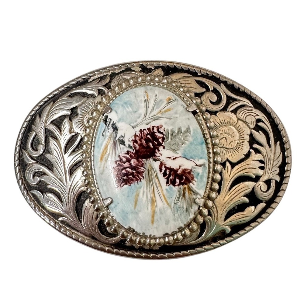 VTG Western 3" Belt Buckle Hand Painted Silver Color Signed By Ruby Norris Holid